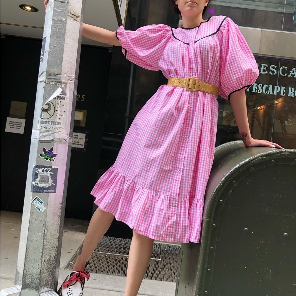 Batsheva pink gingham house dress